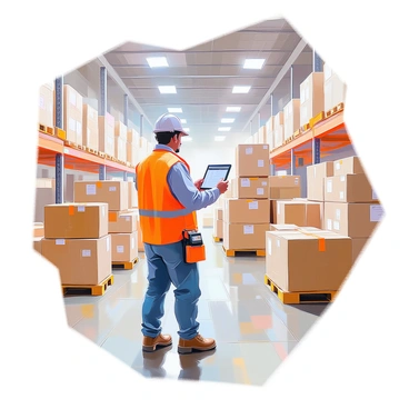A person of Hispanic descent is standing in a spacious warehouse filled with stacked boxes and pallets. They are holding a digital tablet in their hands, focused on the screen as they manage inventory. The individual is wearing a safety vest and sturdy work boots, highlighting their role in the warehouse environment. Bright overhead lights illuminate the area, creating clear visibility of the organized shelves in the background. There is a barcode scanner attached to their belt, indicating their active engagement in inventory tracking.