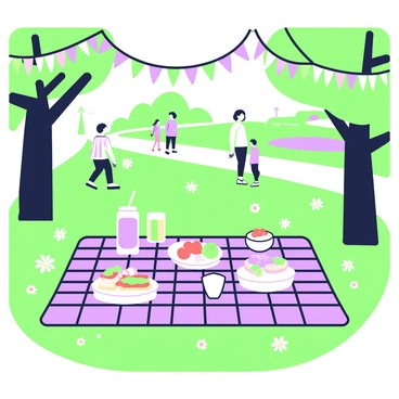 A picnic is set up in a park, featuring a large plaid blanket spread across the grass. On the blanket, there are various food items arranged neatly, including sandwiches, fruits, and beverages in clear containers. Nearby trees have colorful bunting hanging between the branches, adding a festive touch to the scene. The park is filled with green grass, and a few daisies can be seen scattered around the area. In the background, there are people walking along a path, and a small pond is visible, reflecting the sunlight.