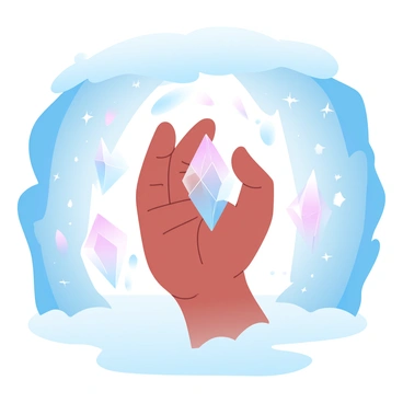 A hand is shaping sparkling crystal formations within an icy cave. The cave features jagged walls glistening with frost and ice, reflecting light in various hues. The crystals are multi-faceted and emit a shimmering glow, creating a magical atmosphere. Surrounding the hand, there are numerous crystals of different sizes, some towering high while others are delicately small. The ground is covered with a layer of frost, adding to the cold, ethereal environment.