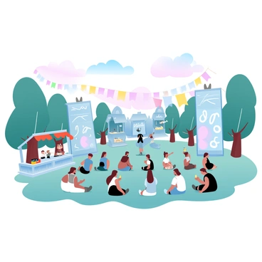 A large outdoor space in Helsinki is filled with various art installations, each showcasing unique designs and vibrant colors. In the center, a group of local artists is performing, surrounded by a captivated audience seated on the grass. Colorful banners are hanging from nearby trees, adding decorative elements to the scene. Several food stalls are set up, with people enjoying refreshments. The sky above is a gradient of pastel colors as the sun sets in the background, creating a warm and inviting atmosphere.