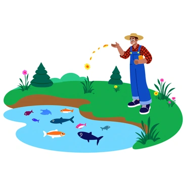 A farmer in a straw hat is tossing fish feed into a pond. The farmer has a plaid shirt and denim overalls. The pond is teeming with various fish, some of which are jumping out of the water in a splashing motion. The water is clear, revealing the fish beneath the surface, with colorful scales glistening in the sunlight. Surrounding the pond are lush green grasses and a few wildflowers, adding vibrant colors to the scene. A couple of trees can be seen in the background, framing the peaceful setting.