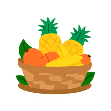 A vibrant basket filled to the brim with tropical fruits sits on a wooden surface. The basket has a woven design, showcasing various shades of brown. Inside, there are bright orange mangoes, yellow bananas with slight speckles, and yellowish-green pineapples with spiky tops. The fruits are arranged neatly, some partially overlapping, highlighting their rich colors and textures. Surrounding the basket, a few bright green leaves add a fresh touch to the scene.