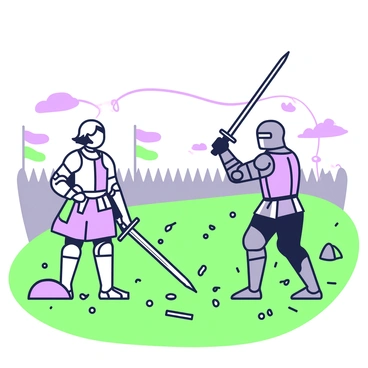 Jeanne d'Arc is standing firmly on a grassy battlefield, dressed in shining armor that reflects the light, with a sword raised in her right hand. She has short hair peeking out from beneath her helmet, and her determined expression is focused on her opponent. Opposite her, a rival knight in dark armor stands with a sword drawn, ready for combat. The background features a cloudy sky, with hints of a distant army and banners fluttering in the wind. The ground is marked with signs of a recent battle, such as scattered weapons and fallen shields, creating a tense atmosphere.