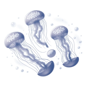 A large swarm of jellyfish floats gracefully through the water. Each jellyfish has an intricate pattern on its bell, displaying its unique form. Long, flowing tentacles trail behind them, creating a mesmerizing effect as they move. The jellyfish range in size, some towering over others, while others are small, enhancing the dynamic composition. Light filters through the water, illuminating the jellyfish and casting delicate shadows on the ocean floor. Bubbles rise around them, adding to the sense of movement in this underwater scene.