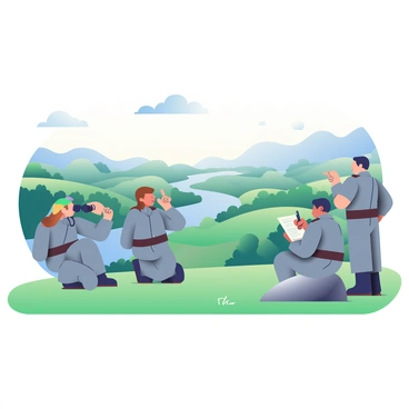 A small group of Confederate scouts is positioned on a grassy hilltop, surveying the surrounding terrain. The scouts, dressed in gray uniforms, include three men, each holding a pair of binoculars. The first scout has medium-length brown hair and is kneeling while looking through the binoculars. The second scout, standing to the right, has short black hair and is pointing towards the horizon, indicating something significant. The third scout, sitting on a rock, is sketching the landscape on a piece of parchment with a charcoal pencil. The landscape below features rolling hills, dense patches of trees, and a winding river that glimmers under the sunlight. A few scattered clouds drift across a clear blue sky.