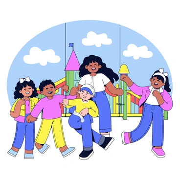 A woman with long, dark hair and a white blouse is at a playground, surrounded by several children. She is sitting on a swing, playfully pushing herself back and forth, while two children laugh and cheer. In the background, there are colorful slides and climbing structures. A bright blue sky is overhead, with fluffy white clouds providing a cheerful atmosphere. The children are diverse in appearance, wearing bright, casual clothing and smiling widely.