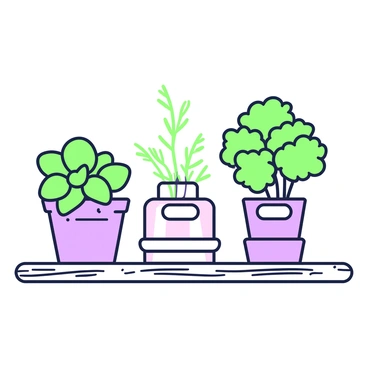 A small herb garden with labeled plants like mint, cilantro, and parsley.