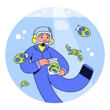 An underwater scene featuring an explorer in a diving suit observing phytoplankton species. The explorer is holding a transparent collection jar with a few samples of vibrant green and blue phytoplankton swimming around. Various types of phytoplankton are visible in the water, showcasing their different shapes and sizes. Sunlight filters through the surface, creating soft light patterns in the water. Bubbles surround the explorer as they dive deeper into the underwater environment.