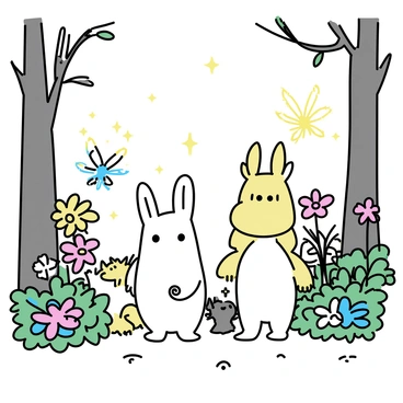 A group of Moomins, including Moomintroll and Snorkmaiden, stand at the entrance of a hidden garden filled with lush green plants and vibrant flowers. Tiny fairies with delicate wings hover above colorful blossoms, their light sparkling in the sunlight. Various magical creatures, such as a small dragon and a fluffy creature with large ears, peek out from behind the leaves. The Moomins' expressions show a mix of curiosity and wonder as they explore this enchanting scene. The garden is framed by tall trees, and the soft glow of magical energy surrounds the creatures.