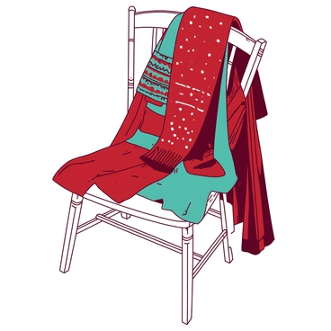A white wooden chair is positioned against a neutral backdrop. A collection of hand-knitted scarves in various patterns and textures is draped elegantly over the backrest of the chair. The scarves are in a vibrant assortment, showcasing colors in a red and teal combination. Each scarf features distinct designs, such as stripes, polka dots, and intricate cable knit patterns. The fabric appears soft and inviting, with some scarves gently cascading down the sides of the chair, creating a visually appealing display.