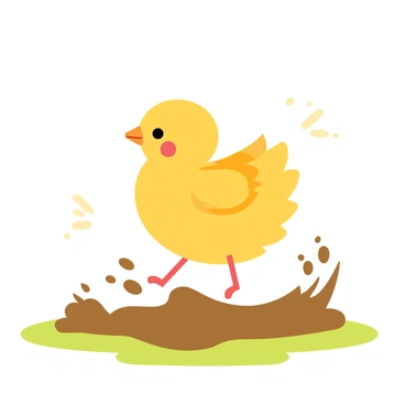 A baby chick with soft yellow feathers is playfully hopping in a puddle of brown mud. The chick is mid-jump, with its wings slightly spread, creating a sense of motion. Tiny droplets of mud are splattered around, reflecting light as they scatter in various directions. The background is green grass, adding contrast to the brown of the mud and the yellow of the chick.