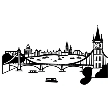 A panoramic view of "London Bridge" from the top of a tall, nearby tower. The bridge spans across a wide river, with intricate architectural details visible. Various boats are floating on the water below, and the tower stands tall, showcasing its stone structure and windows. In the distance, the skyline is dotted with buildings, creating a sense of depth and perspective. The scene captures a clear sky above, emphasizing the grandeur of the bridge and the surrounding landscape.