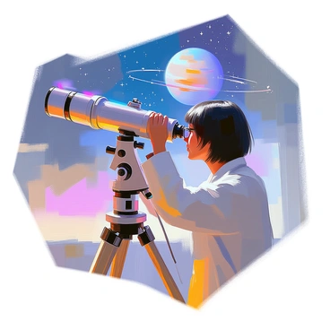 A scientist with short dark hair and glasses is peering through a large telescope mounted on a sturdy tripod. She is dressed in a white lab coat and is intently focused on the eyepiece. In the background, the night sky is filled with stars, and a distant planet is prominently displayed through the telescope’s lens. This planet is labeled with the words "research gap," clearly visible against its surface. The scene conveys a sense of exploration and curiosity about the cosmos.