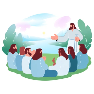 A group of men is gathered around a man with long hair wearing a simple robe. This man, identified as "John the Baptist," is gesturing with one hand while holding a staff in the other. The disciples are listening attentively, some seated on the grass and others standing, all displaying expressions of contemplation. Behind them, the tranquil river flows gently, reflecting the soft colors of the sky. The scene is framed by lush greenery and trees, with the sun casting a warm glow over the gathering.