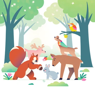 A group of various animals is gathered in a lush green forest, surrounded by tall trees with rich, leafy branches. A squirrel with a bushy tail is handing a shiny acorn to a small rabbit with soft white fur. Nearby, a colorful bird with bright feathers is dropping a piece of juicy fruit to a curious deer that is bending down to sniff it. In the background, a wise old owl is perched on a branch, observing the exchange with keen interest. The forest floor is covered in vibrant wildflowers and patches of soft moss, adding to the lively scene. Sunlight filters through the leaves, casting gentle patterns on the ground.