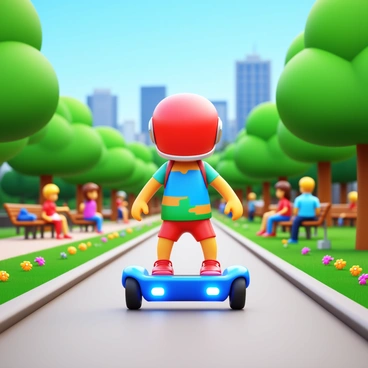 A child riding a hoverboard in a vibrant urban park setting. The child is wearing a bright red helmet and a colorful t-shirt. The hoverboard has glowing LED lights on its sides. In the background, there are green trees and colorful flowers lining the park path. A city skyline is visible in the distance, with tall buildings and clear blue skies. Other park-goers can be seen enjoying the day, with some sitting on benches and others walking along the paths.