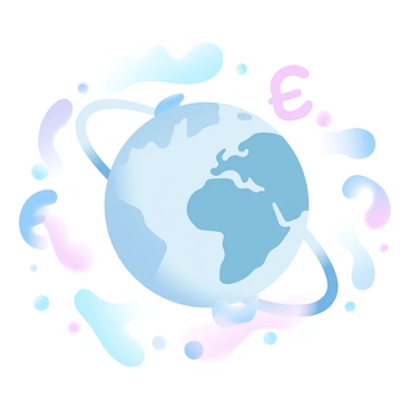 A globe is centered in the image, spinning slowly. Surrounding the globe are various currency symbols such as "€", "$", "£", "¥", and others, all in different sizes and orientations, appearing to float in the air. The globe is detailed with continents and oceans, depicting a world map. The background features gradient pastel colors transitioning smoothly, creating an abstract atmosphere. Each currency symbol is designed with a subtle glow, enhancing their visibility against the vibrant backdrop.