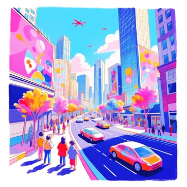 A futuristic cityscape where AI-generated art is part of everyday life, like billboards and murals.