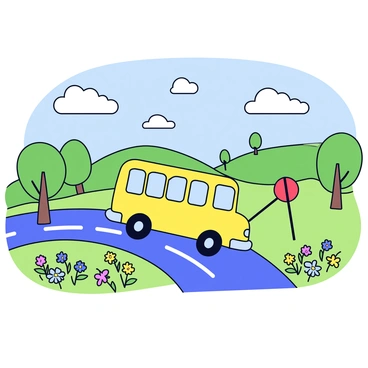 A yellow school bus is driving along a winding road. The bus has large windows and a red stop sign extended on the side. On either side of the road, there are rolling green hills dotted with various trees. There are patches of wildflowers blooming in a variety of colors in the foreground. The sky above is clear, with a few fluffy white clouds scattered throughout.