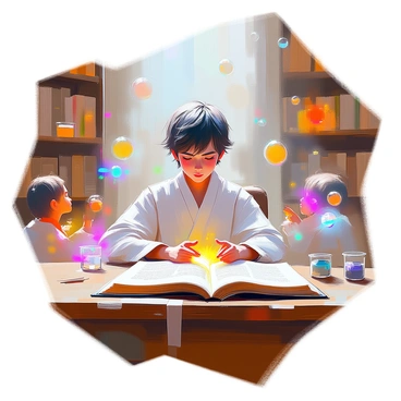 A young Merlin with tousled dark hair, wearing a simple robe adorned with stars, is sitting at a wooden desk in a mystical classroom. The room is filled with ancient tomes and glowing orbs of light floating above. Merlin is focused intently on a large open book in front of him, with swirling symbols and illustrations of spells. Around him, other young sorcerers are practicing, with some levitating objects and others conjuring colorful sparks in the air. The walls are lined with shelves filled with magical ingredients and artifacts, creating an enchanting atmosphere of learning.