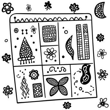A large sheet of paper displaying intricate "mehendi patterns" inspired by various cultures from around the world. The patterns include paisley designs commonly found in Indian tradition, geometric shapes representing Middle Eastern art, and floral motifs seen in North African henna designs. Each section of the sheet features distinct details, showcasing elaborate swirls, delicate lines, and unique symbols that reflect the heritage of each culture. The background is filled with additional smaller mehendi designs, creating a rich tapestry of cultural artistry.