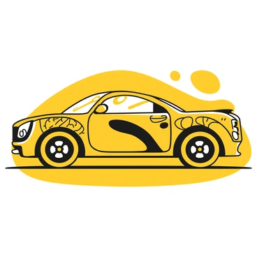 A car with a sleek silhouette is prominently displayed, showcasing an outline filled with intricate patterns of yellow and black. The patterns create a striking contrast, with angular shapes and flowing lines intertwining seamlessly across the surface of the car. The wheels are rounded and bold, while the windows have a reflective quality that suggests a vibrant atmosphere. The car is positioned on a flat surface, enhancing its dynamic appearance and emphasizing the detailed interplay of light and dark.