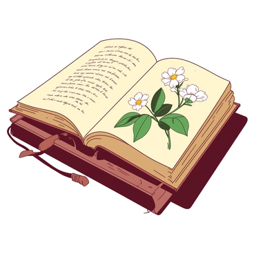 An aged book with a worn leather cover lies open on a wooden table. The pages are yellowed with time, and the visible page displays detailed illustrations of moonflowers in various stages of bloom. The moonflowers are depicted with delicate white petals, contrasting against the rich green leaves. Tiny annotations in elegant handwriting describe their medicinal properties. The surrounding area is softly illuminated, enhancing the intricate details of the illustrations.