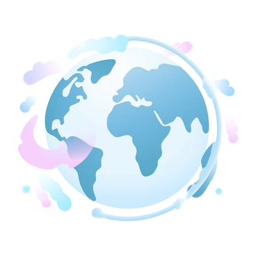 A globe is displayed with continents shaped like various animals. The continent resembling a lion is prominently positioned, showcasing its mane along the edges. Next to it, a continent shaped like a whale appears, with its tail extending into the ocean area. Nearby, a continent designed to resemble an elephant sits, its trunk curving gracefully. Surrounding the globe are small clouds, each with a distinct pastel color, creating a harmonious gradient effect across the scene. The oceans are depicted in soft blue tones, contrasting with the colorful animal continents.
