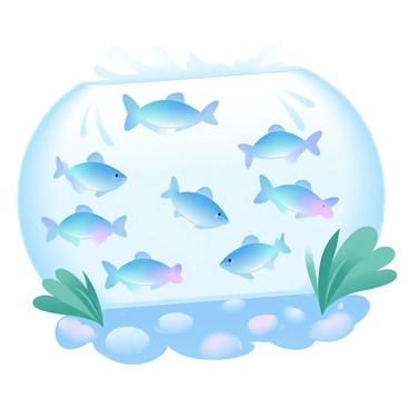 A school of iridescent fish is swimming in a crystal-clear river. The fish display a range of colors, shimmering as they move through the water. Sunlight filters through the surface, creating patterns of light and shadow on the riverbed below. The water is surrounded by smooth pebbles and lush green plants along the banks. A gentle current creates small ripples, adding movement to the serene underwater scene.