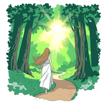 A figure resembling "Galadriel" is walking gracefully along a winding forest path. She is surrounded by tall, ancient trees with vibrant green leaves. Soft, golden light radiates from her, illuminating the path and casting ethereal glimmers on the surrounding foliage. Delicate flowers in various colors are scattered along the edges of the path, and a gentle mist hovers above the ground, adding to the enchanting atmosphere of the setting. The sunlight filters through the treetops, creating a magical interplay of light and shadows.