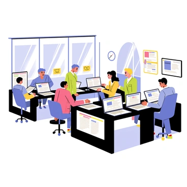 A modern digital press room filled with several large screens displaying live news feeds. Multiple laptops are arranged on black desks, each open and showing different news articles. The room is brightly lit, with a sleek, minimalist design. In the background, there are large windows allowing natural light to flood in, and reporters can be seen engaged in discussions. A wall clock shows the current time, while a bulletin board holds various news clippings and notes.