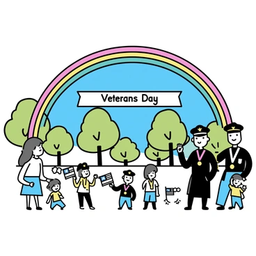 A rainbow arching across the sky above a park filled with people gathered for a Veterans Day event. In the foreground, a group of veterans in uniforms stands proudly, some adorned with medals. Nearby, families are holding small American flags and children are playing on the grass. A banner reading "Veterans Day" is prominently displayed. The background features trees and a clear blue sky, with the vibrant colors of the rainbow contrasting against the scene, symbolizing hope.