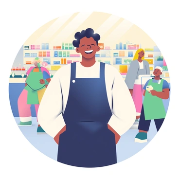 A small business owner with light brown skin and curly black hair is standing in the center of a bustling shop, wearing a dark blue apron over a white shirt. He is smiling broadly, showcasing his pride in the lively atmosphere around him. In the background, there are satisfied customers browsing the neatly arranged shelves filled with colorful products. A busy staff member with straight blond hair and a green apron is assisting a customer, while another staff member is restocking items on a shelf. The shop has warm lighting, creating an inviting ambiance.