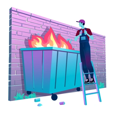 A graffiti artist with a cap and paint-splattered overalls is standing on a ladder, focused on painting a mural of a dumpster fire on a large brick wall. The dumpster is depicted in vibrant colors, with flames in shades of orange, yellow, and red leaping out, casting a warm glow on the surrounding area. The artist is using spray cans, and there are various colors like blue, green, and purple scattered around at the base of the ladder. The brick wall behind him has a rough texture, with some peeling paint and patches of moss, highlighting the urban environment. The scene captures the dynamic motion of the artist as he skillfully applies paint to create a striking visual impact.