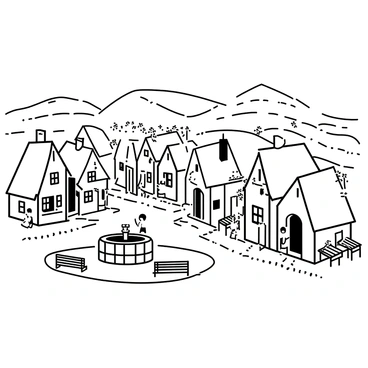 A picturesque old English village featuring narrow cobblestone streets winding between charming cottages. Each cottage has distinctive thatched roofs and small, flower-filled gardens in front. A few villagers can be seen walking along the streets, engaged in conversation or carrying baskets. An ancient stone well stands in the village square, surrounded by simple wooden benches. In the background, there are rolling hills and a clear sky, creating a tranquil atmosphere.
