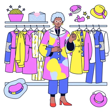 Iris Apfel is standing in a vibrant boutique filled with vintage clothing racks. She is examining a flamboyant outfit that includes a colorful patterned dress with bold geometric shapes. The dress is adorned with oversized buttons and flowing sleeves. Around her are various clothing items, including a bright yellow coat and a sequined blouse. The boutique is decorated with eclectic accessories such as oversized hats and statement jewelry hanging on nearby displays. Iris is holding up the dress, considering its suitability for a photoshoot.