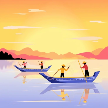Fishermen in traditional wooden boats are positioned on a wide river. The boats are painted in bright colors, with detailed carvings on the sides. The fishermen are wearing straw hats and are actively casting their nets into the water. The sky is filled with warm shades of orange and yellow, indicating sunrise. The water reflects the colorful sky, creating a vibrant scene. Mist hovers lightly above the surface of the river, and silhouettes of trees can be seen lining the riverbanks.