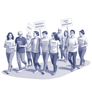 A diverse group of people is walking together on a path, united in their purpose of raising awareness for diabetic foot health. The group includes individuals of different ages, ethnicities, and genders, each wearing casual walking attire. Some participants carry signs that say "Diabetic Foot Health Matters" and "Walk for Awareness," while others wear matching t-shirts with health slogans. The atmosphere is vibrant, with individuals chatting and smiling as they walk. Some members of the group are helping those who use mobility aids, ensuring everyone can participate fully in the walk.