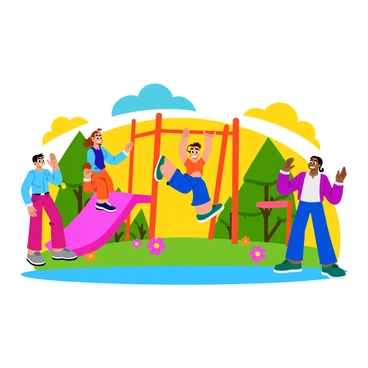 A family is actively engaged in a workout together in a bright and sunny playground. The two kids are playfully attempting pull-ups on a colorful playground structure, with the eldest child hanging from the bar, grinning with determination. The younger child watches intently, ready to take their turn, while their parents encourage them nearby. The parents are positioned to the side, with one parent demonstrating a workout move and the other clapping enthusiastically. Surrounding them are vibrant trees and flowers, adding to the lively atmosphere of the scene.