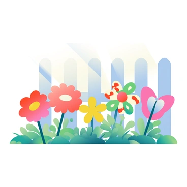 A decorative garden features a variety of colorful flower stakes shaped like butterflies. The stakes are arranged among vibrant flowers in shades of red, yellow, and blue. Delicate green leaves surround the flowers, creating a lush atmosphere. In the background, a light wooden fence partially encloses the garden, and sunlight filters through, casting gentle shadows on the ground. Each butterfly stake has unique patterns and colors, adding charm and whimsy to the scene.