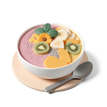 A round smoothie bowl, filled with a vibrant blend of thick, creamy smoothie in shades of pink and yellow. The surface is beautifully arranged and topped with an assortment of tropical fruits, including sliced bananas, kiwi, and mango. Sprinkled throughout are various seeds like chia seeds and sunflower seeds, adding texture. Fresh mint leaves are placed artfully on top for a pop of green. The bowl is set on a light wooden surface, with a silver spoon resting beside it.