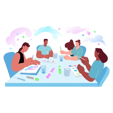 A group of four artists is seated at a large table, each focused on their own canvas. One artist is painting with vibrant colors, another is sketching with pencils, while a third is using markers to create bold designs. The fourth artist is applying watercolors with a brush, blending shades seamlessly. Colorful art supplies are scattered across the table, including paint tubes, brushes, and sketchbooks. In the background, small speakers are playing music, and colorful notes are illustrated floating around, adding to the dynamic atmosphere of the scene. Bright splashes of color fill the space, enhancing the creativity and energy in the room.