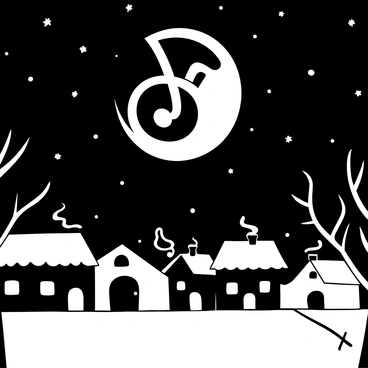 The "Dark Mark" displayed prominently in the night sky, surrounded by a field of stars. Below, a quiet village with small, rustic houses, their roofs covered in a layer of snow, is illuminated by a faint moonlight. The streets are empty, and wisps of smoke slowly rising from chimneys suggest warmth inside. Trees with bare branches frame the scene, silhouetted against the night sky.