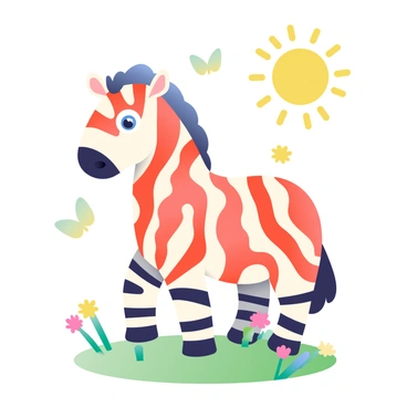 A whimsical zebra is standing in a grassy meadow. Its body is covered in stripes made of alternating streaks of crispy bacon and classic black and white zebra patterns. The zebra has a playful expression, with its ears perked up and big, expressive eyes. Surrounding the zebra, wildflowers in various colors are blooming, adding vibrant splashes around its hooves. The sun is shining brightly, casting soft shadows on the ground while a few butterflies flit nearby, creating a lively atmosphere.