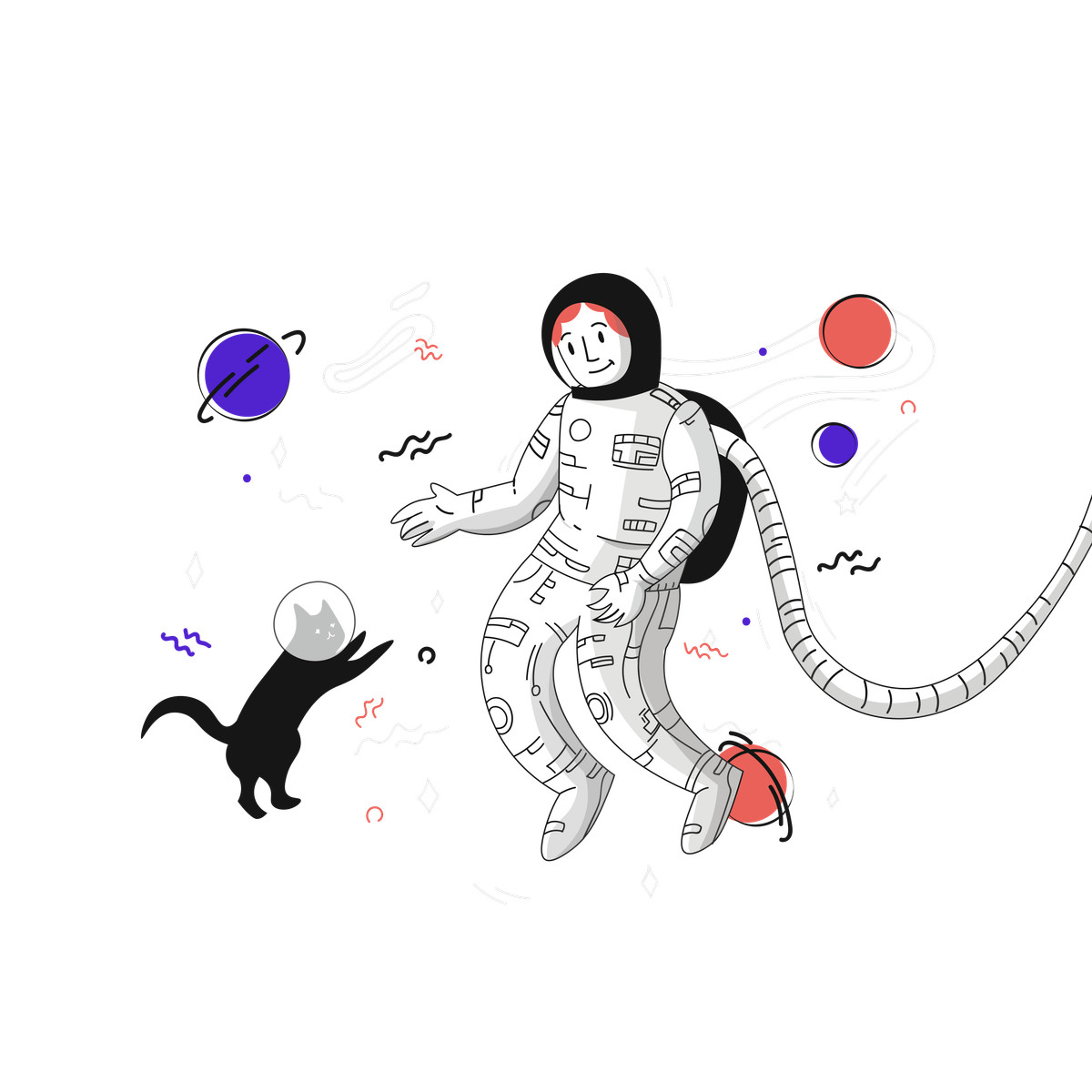Ilustración Astronaut and cat in zero gravity, Space adventure discovery en estilo Pixeltrue a descargar en PNG y SVG