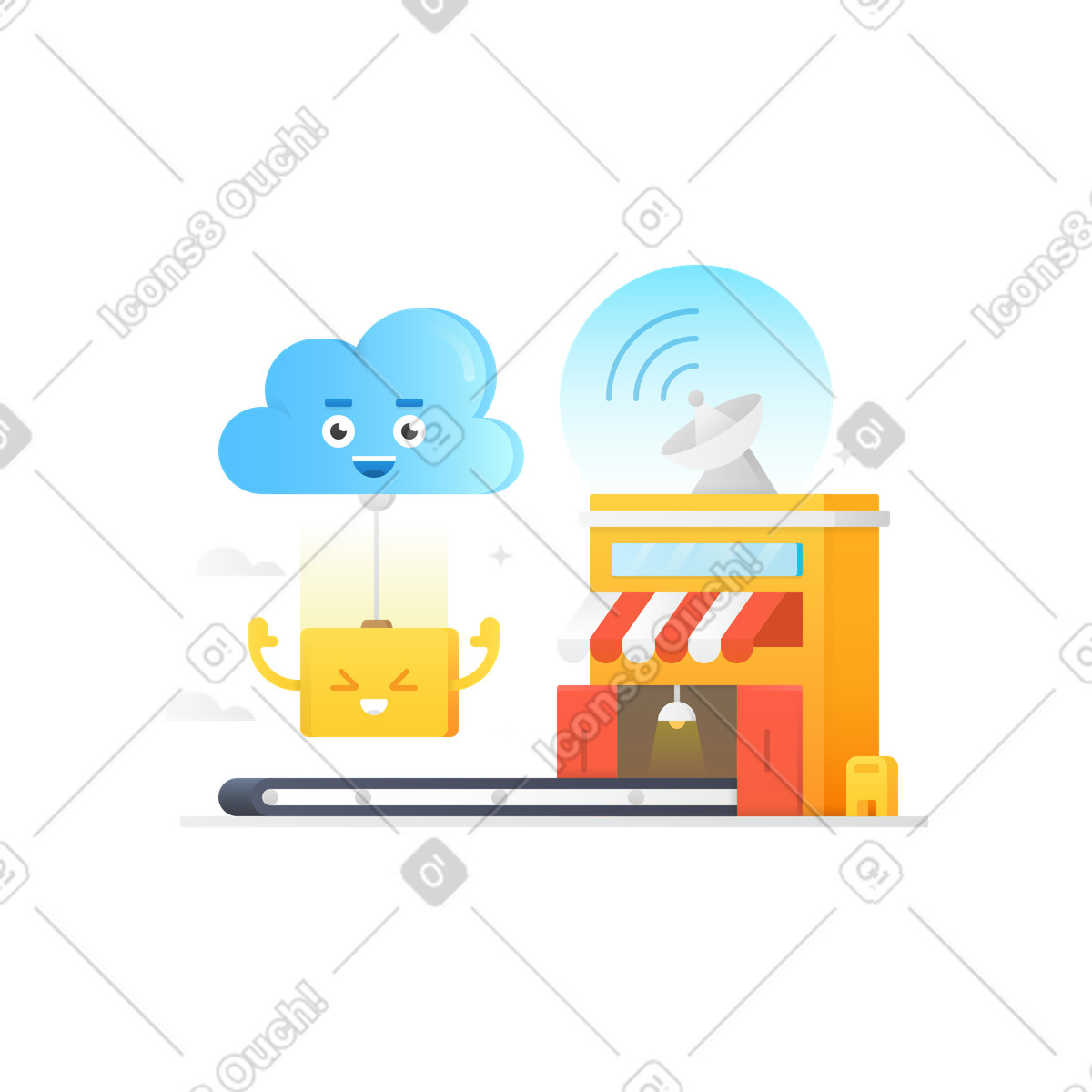 Parcel downloaded from cloud landing onto conveyor belt illustration in Hugo style download in PNG, SVG