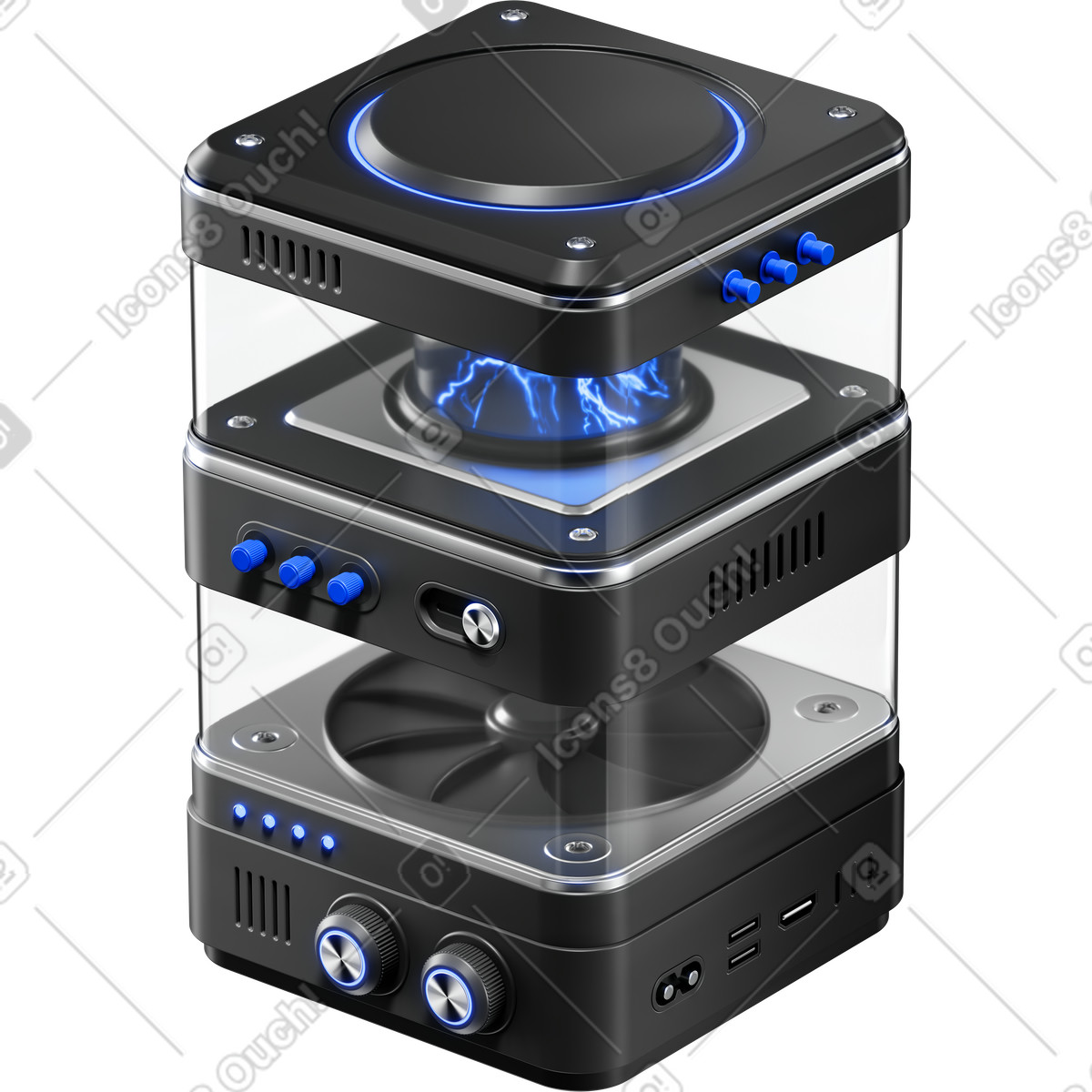 Ilustração de Reactor device with glowing plasma core and control knobs panel em no estilo 3D Metallic para baixar em PNG, SVG