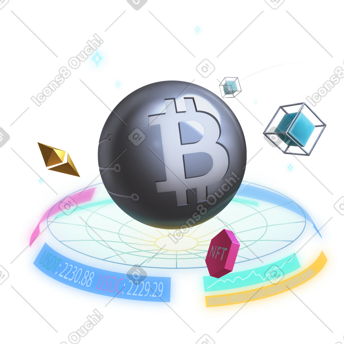 Blockchain dashboard with cryptocurrencies, Decentralized assets and digital currency management illustration in PNG, SVG