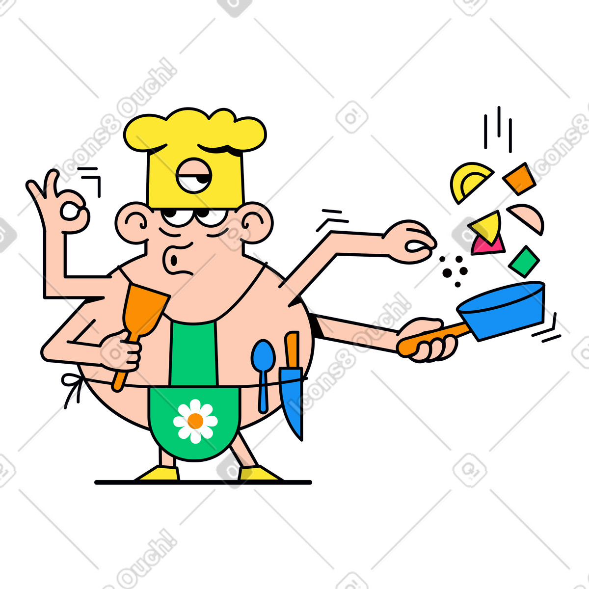 Chef che cucina il cibo sulla padella illustrazione in stile Droll scarica in PNG, SVG