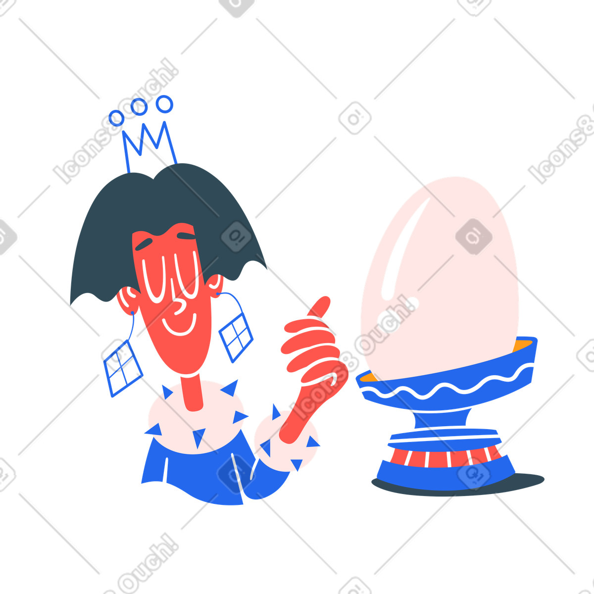 Crowned person gesturing approval near an egg illustration in Kingdom style download in PNG, SVG